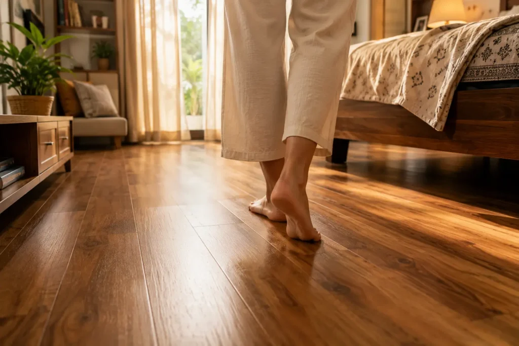 Wooden flooring for bedroom in an Indian home with warm and comfortable interiors