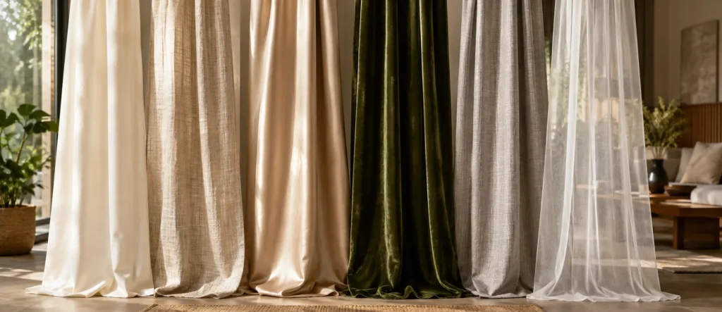 Different curtain fabric types including cotton, linen, silk, velvet, polyester and sheer curtains in a modern Indian home