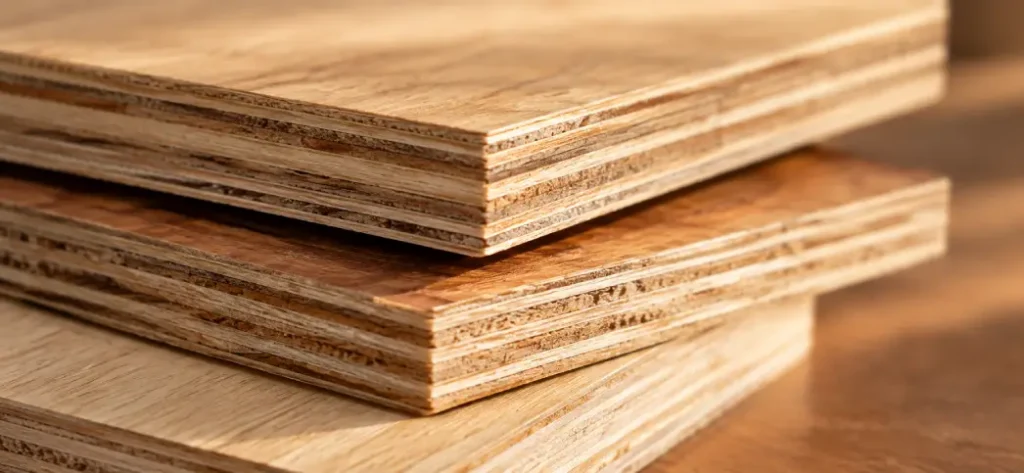 Close-up of plywood wardrobe material showing layered wood grain texture