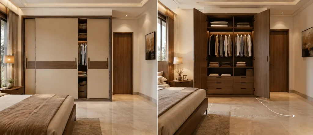 Sliding Wardrobe or Hinged Wardrobe comparison in a modern Indian bedroom