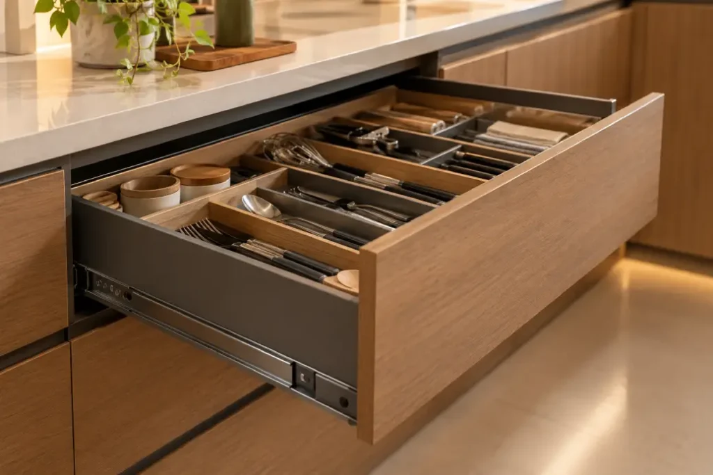 Soft-close drawer hardware to check as per this modular kitchen buying guide
