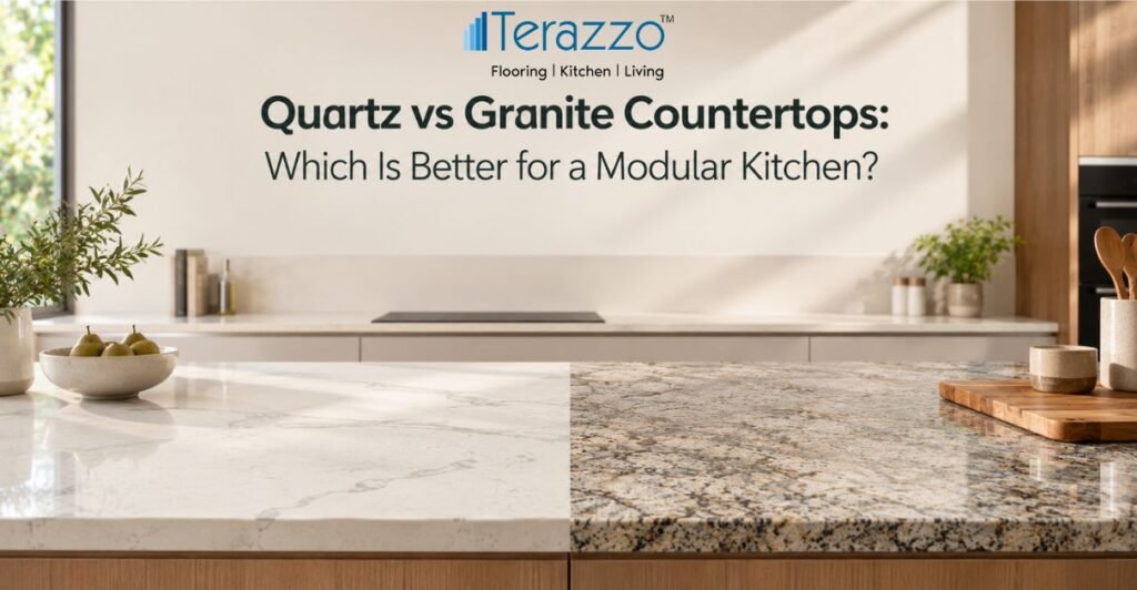 Quartz vs Granite countertops comparison for modular kitchens blog banner