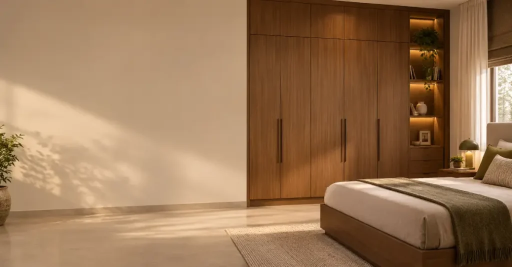 Modern wooden wardrobe material used in an Indian bedroom interior design