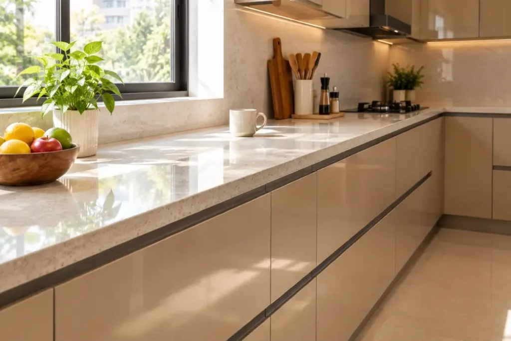 Granite countertop and acrylic shutter finish covered in the modular kitchen buying guide