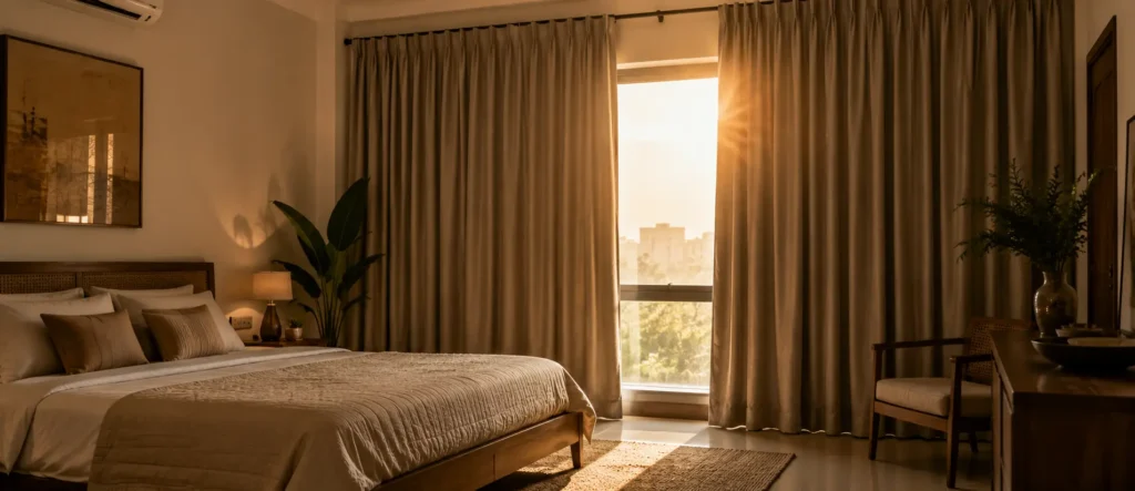 Heavy curtain fabric blocking harsh afternoon sunlight and helping control heat in a modern Indian bedroom