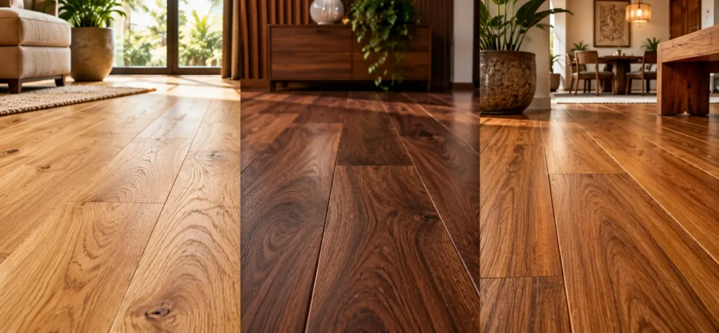 Oak walnut and teak wooden flooring textures in an elegant contemporary Indian home