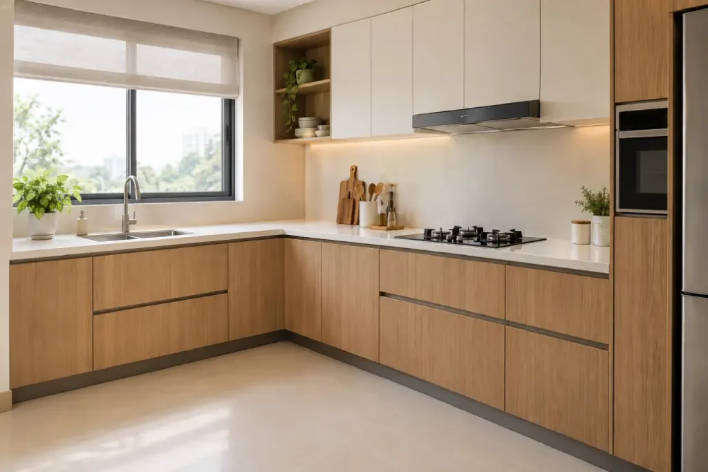 Modern L-shaped modular kitchen design featured in our modular kitchen buying guide