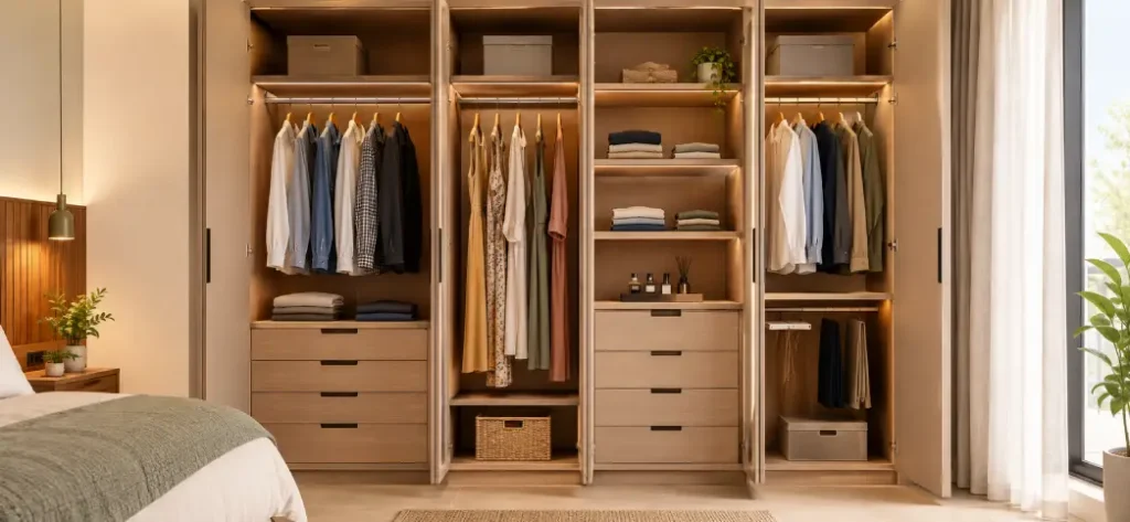 Organized open wardrobe interior showing durable wardrobe material shelving