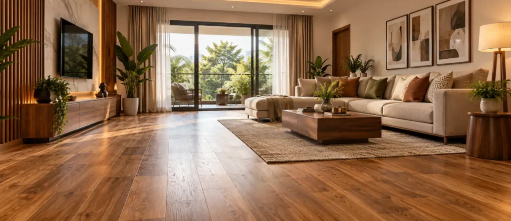 Modern Indian living room featuring premium wooden flooring in a contemporary home
