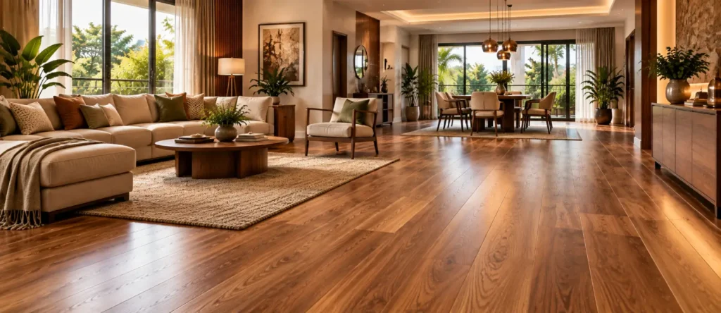 Luxurious contemporary Indian home with beautiful wooden flooring in living and dining areas