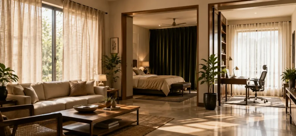 Modern Indian home showing suitable curtain fabric for living room, bedroom and home office interiors