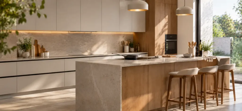 A modern kitchen interior comparing quartz vs granite countertops on a large central island with wooden bar stools.
