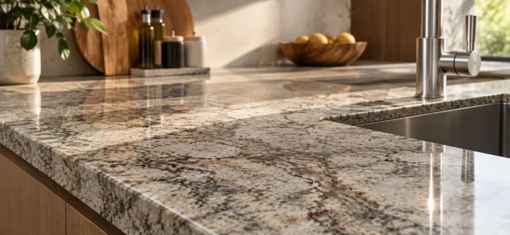A polished granite kitchen countertop with natural veining, highlighting the Quartz vs Granite debate.