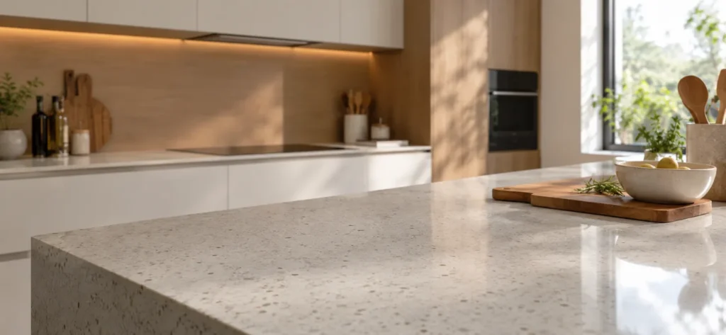 A polished terrazzo-style quartz vs granite countertop on a modern kitchen island with warm wood accents.