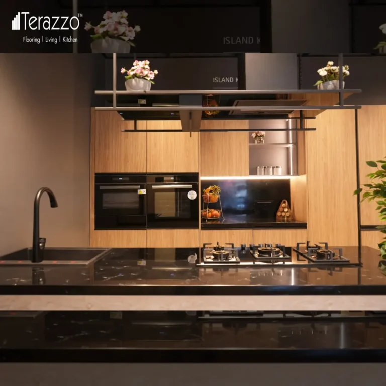 Island modular kitchen in terazzo