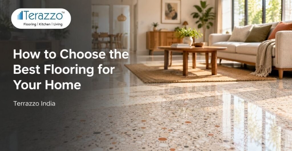 How to choose the best flooring for home, a Terrazzo India blog banner showing a bright terrazzo living room
