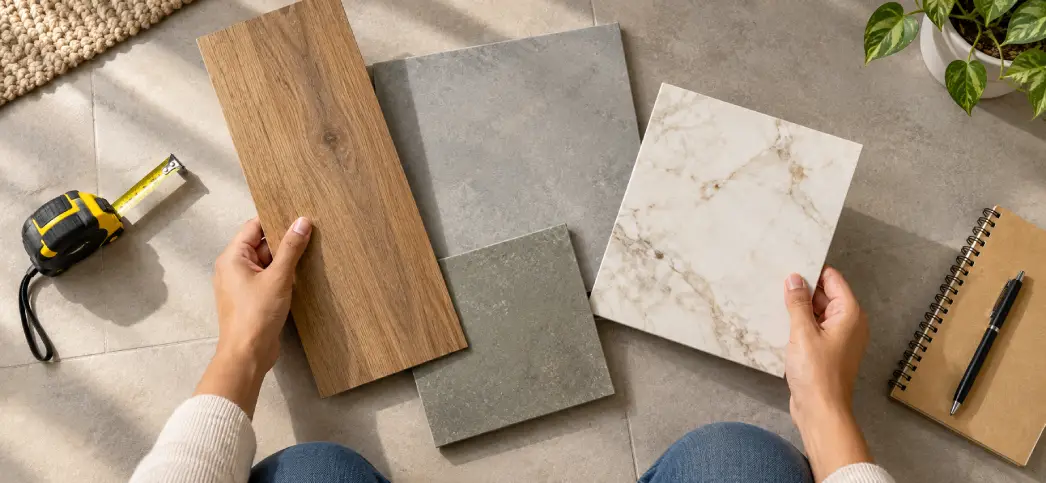 Hands comparing wood, tile, Kota stone and marble samples to find the best flooring for home