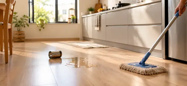 SPC Flooring vs Laminate Flooring in a bright Indian kitchen with a small water spill on an oak-look plank floor