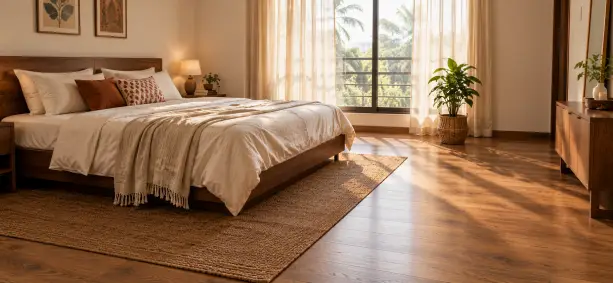 SPC Flooring vs Laminate Flooring: walnut-look plank floor in a calm, sunlit Indian bedroom