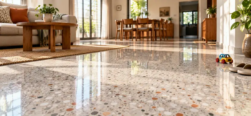 Bright Indian living room with a glossy grey vitrified tile floor, a good example of the best flooring for home
