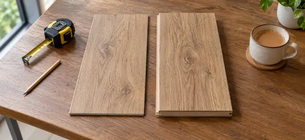 SPC Flooring vs Laminate Flooring plank samples side by side on a table to compare thickness and wood grain
